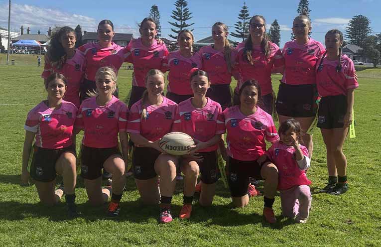 The Lady Hawks in their ‘women in league’ pink jerseys at their final game of the season. Photo: TG Hawks.