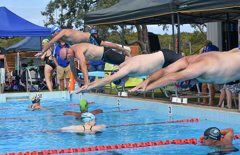 Men’s swimmers take flight in one of the relays. Photo: Christine Dunning.