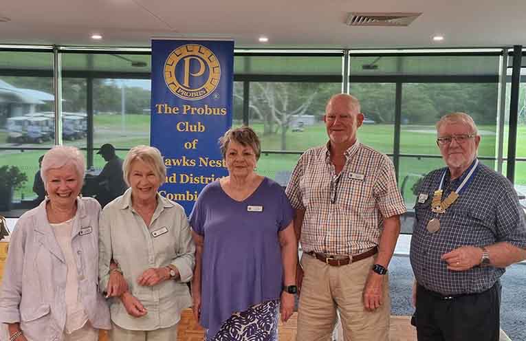 Ten-year Probus pin recipients (L-R): Jan MacDonald, Inga Reed, Carol Harrap, Keith Harrap, with President John Lamb. Photo: Thomas O’Keefe.