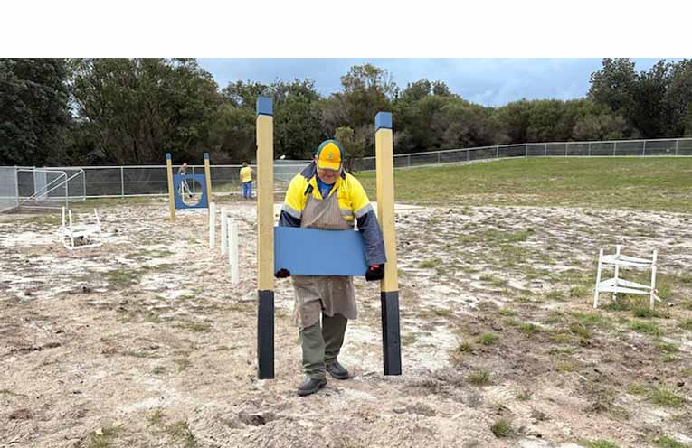 Lion Thomas positions one of the agility pieces in the new dog park. Photo: TG Lions