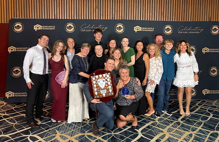 Several TGHN SLSC members were in Newcastle to celebrate with Wayne and Rebecca. Photo: Supplied.