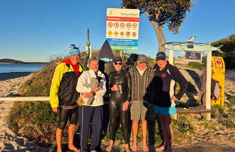 Mullets swimmers brace for the early winter’s morning swim at Jimmys Beach. Photo: Supplied.