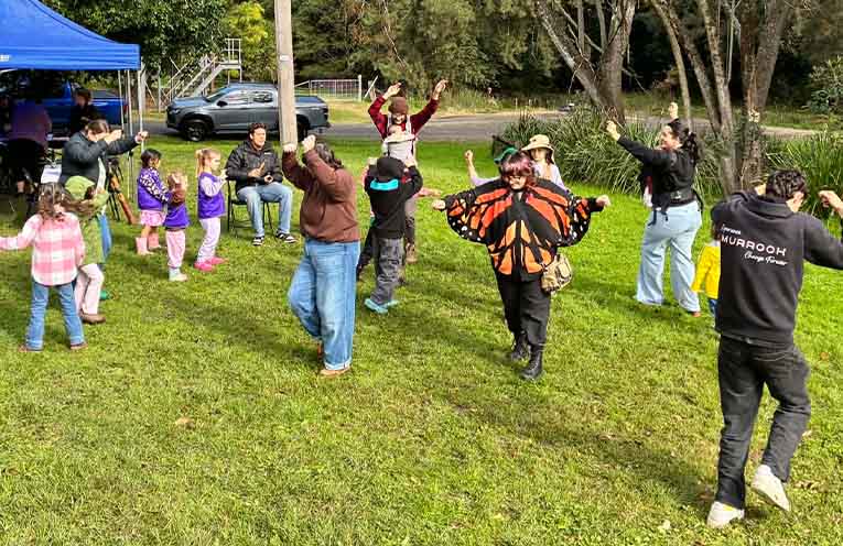 Aboriginal traditional dancing workshop led by Murrook Culture Centre staff. Photo: Rachel Barry.