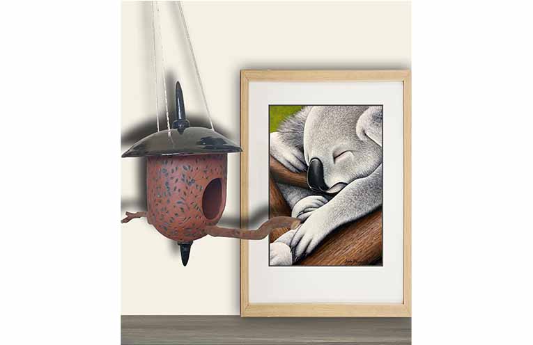 Terracotta bird-feeder (Chez) and Sleeper Koala (Jade). Photo: Supplied.