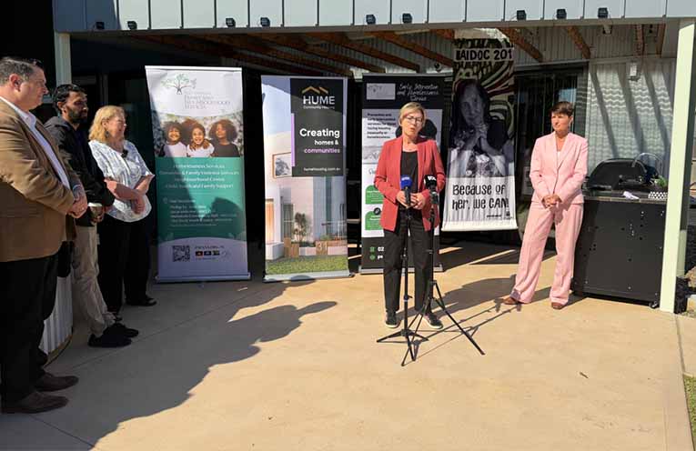 Minister Jodie Harrison speaks at the opening of Aunty Colleen’s Place, with Port Stephens MP Kate Washington looking on. Photo: Office of Jodie Harrison.