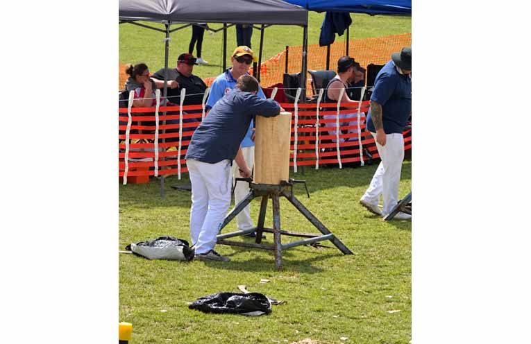 Woodchoppers prepare a log for the next event. Photo: Althea Guinsberg.