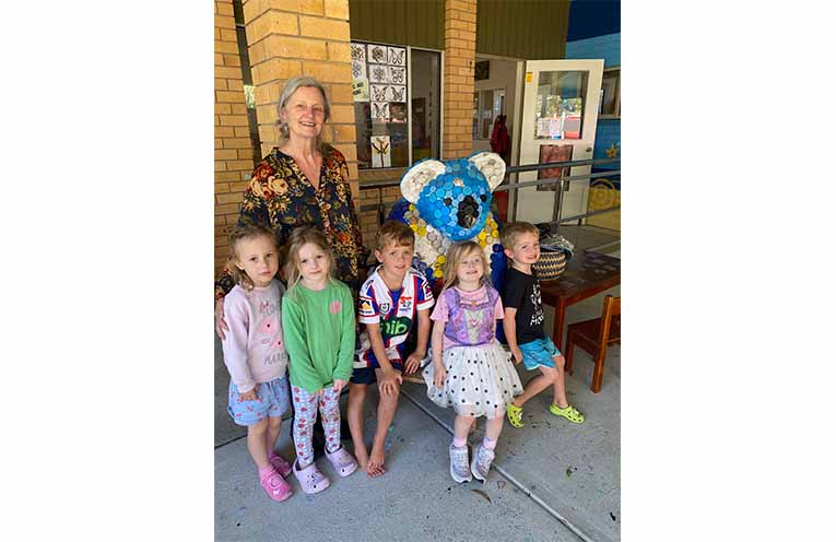 From left, TGHN Preschool supervisor Judy Clarke with Arla, Grace, Ziggy, Azaria, and Rocco with their bottle cap koala mascot. Photo: Charlene Russom.